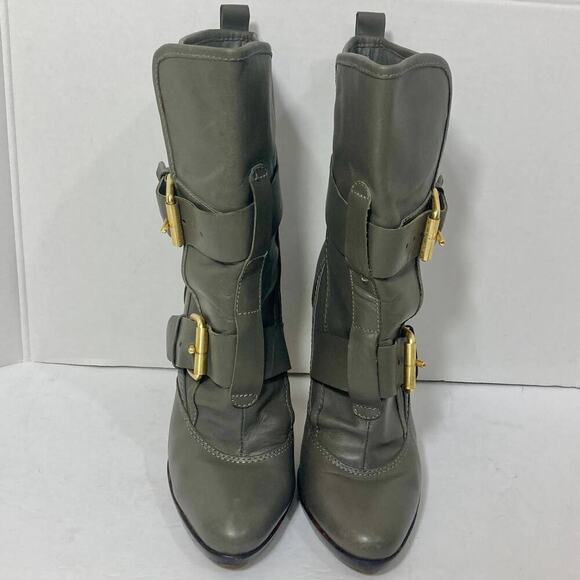 Dolce Vita mid calf boot, gray leather buckle strap high heel platform 6 bootie - Picture 2 of 11